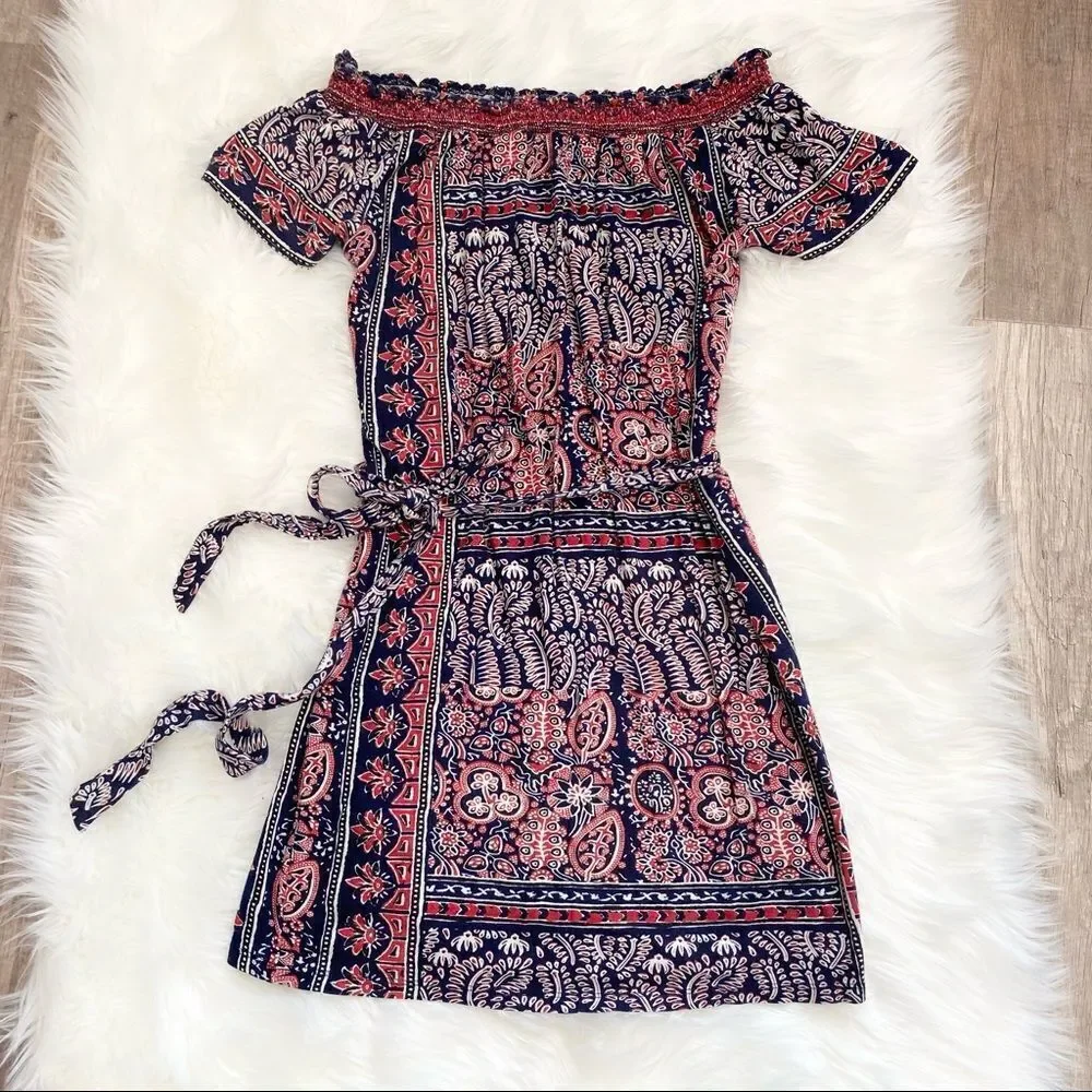 Lucky Brand bandana off shoulder Dress small patriotic‎ boho bohemian